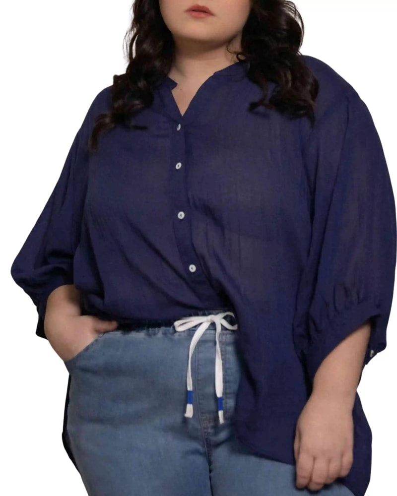Side of a model wearing a size XL Emilie Shirt Front & Back Buttons Solid in Blue by ANNICK. | dia_product_style_image_id:300508